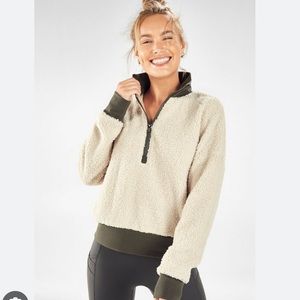 Fabletics Cream Sherpa Half-Zip Pullover with Olive Trim